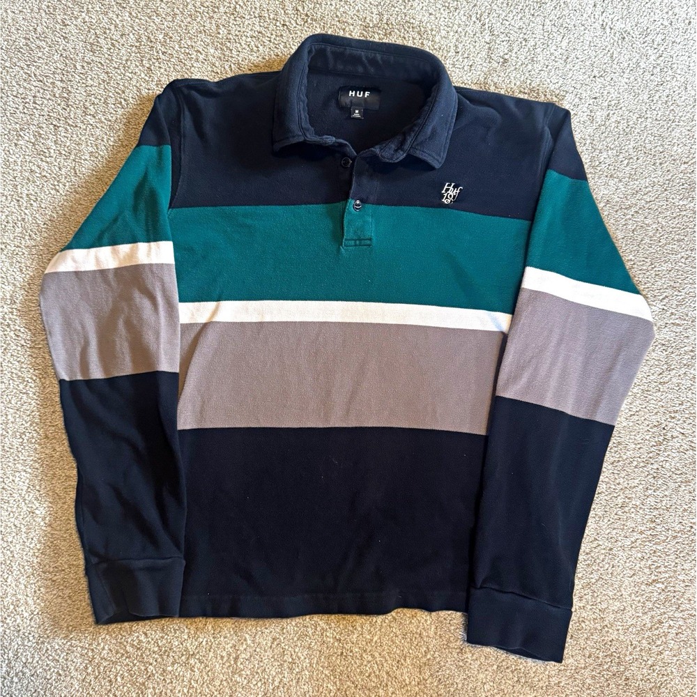 HUF Men's M Black Green Gray White Long Sleeve Striped Polo Shirt Logo